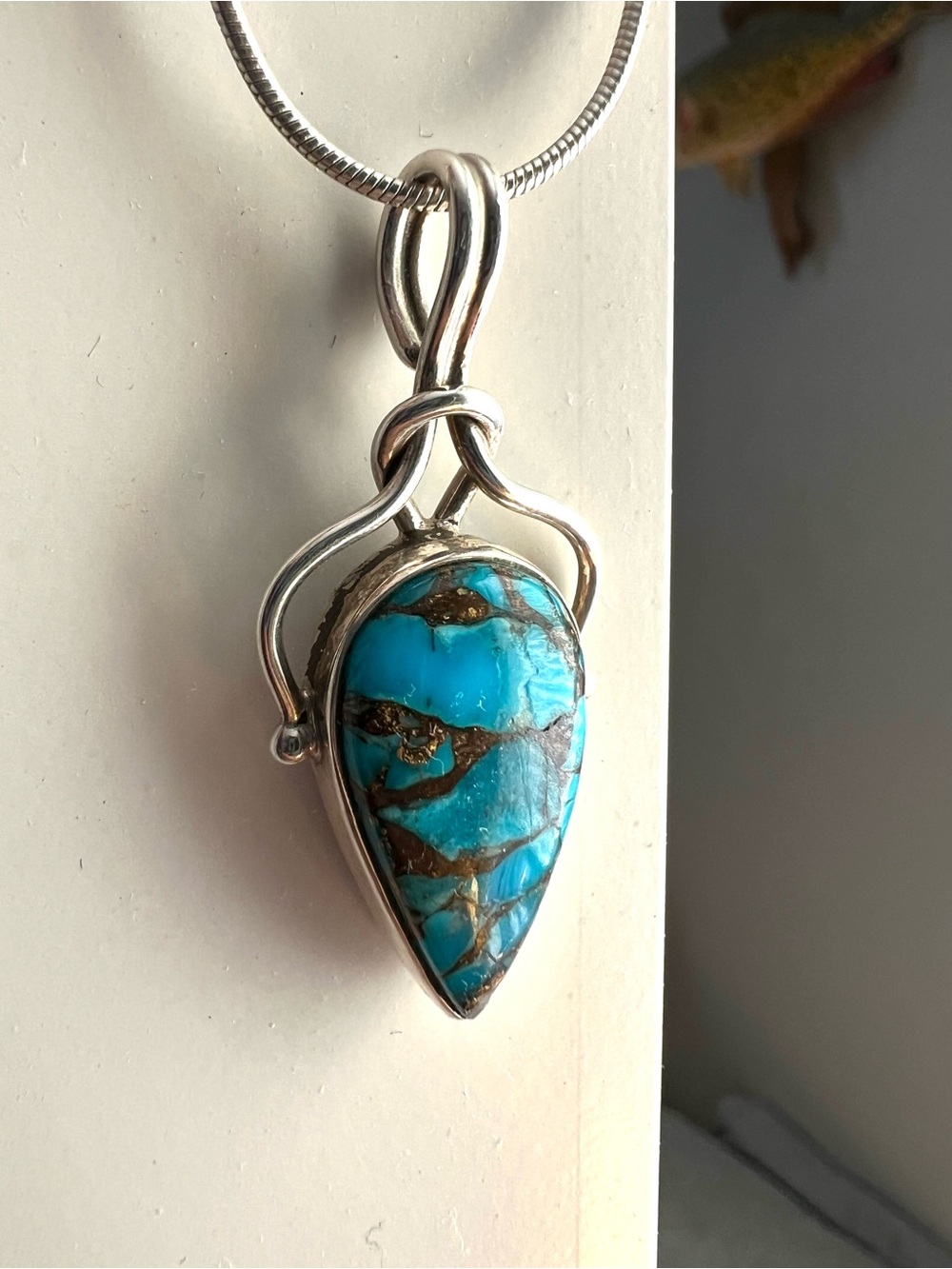 925 Sterling Silver Blue Matrix Turquoise Pendant Necklace 17” - Southwestern